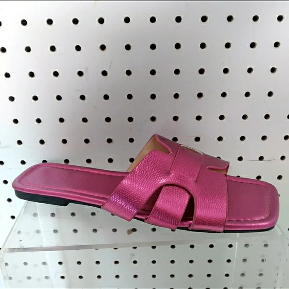 Hot Pink Square-toes Sandals | Flat Slide Cushioned Slip-on Casual Dressy Summer - Picture 2 of 5